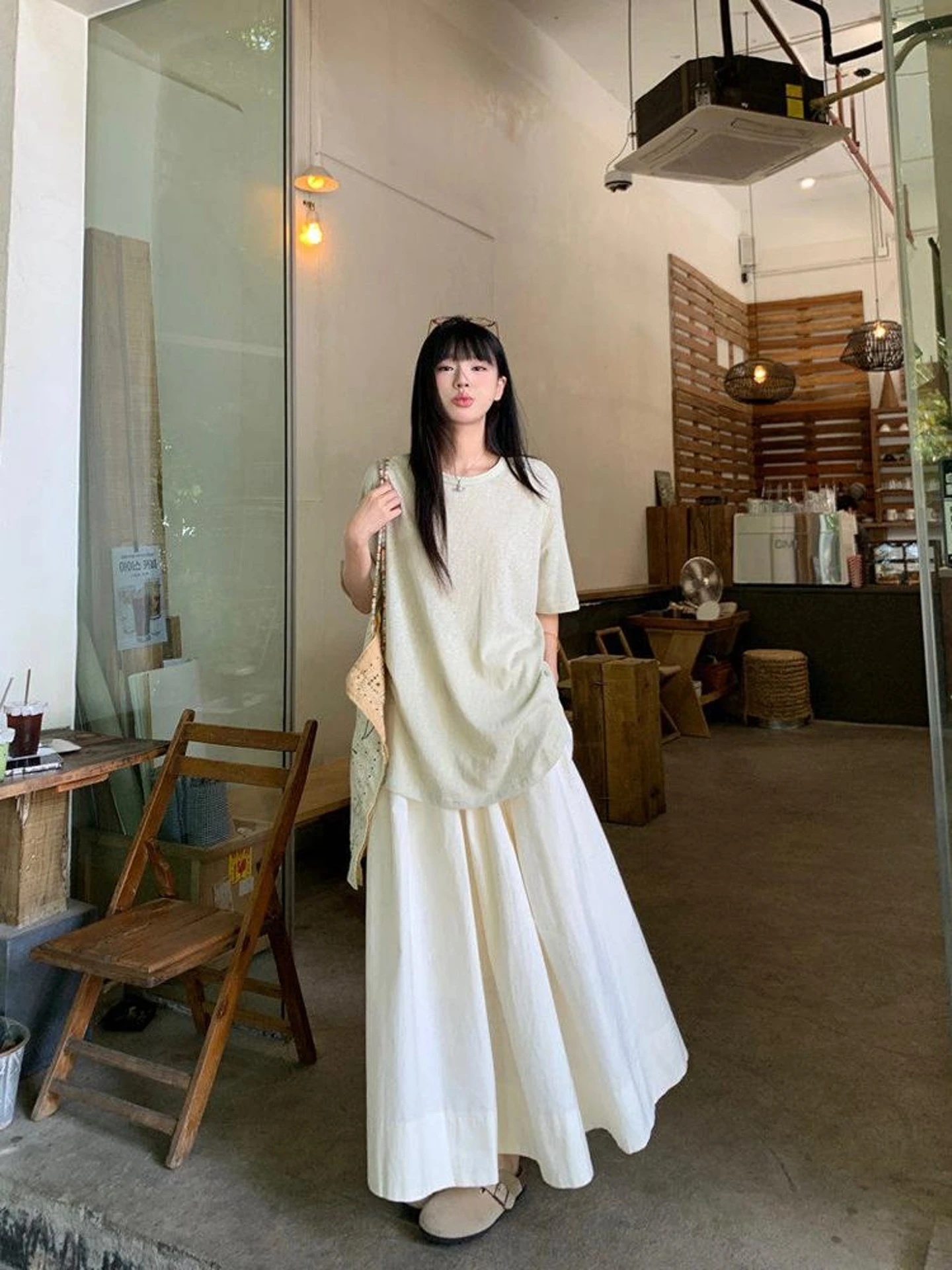

Summer 2026 Loose Korean Style Long Sleeve Thin T-Shirt Women's High Waist Midi Skirt Two-Piece Set Casual Fashion Ensemble