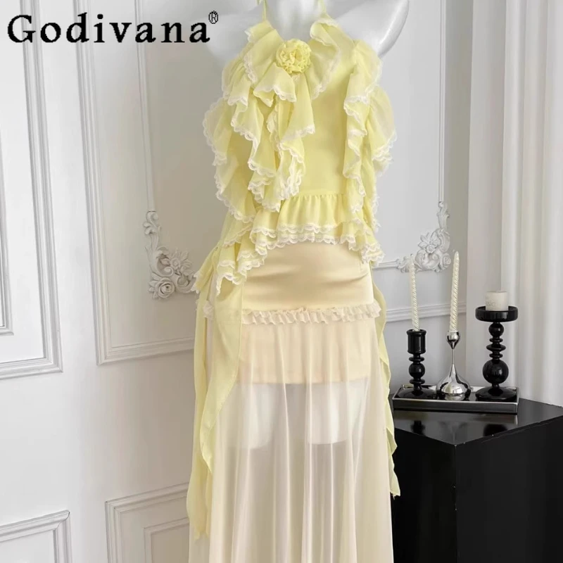 

Summer Flower Lolita Outfit Girls Pure Desire Lace Top and Skirt Set Women's Asymmetrical Chiffon Vest Midi Skirt Sweet Suits