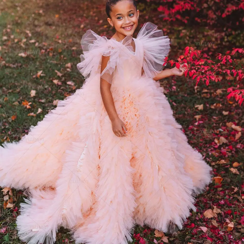 Gaun Putri Anak Perempuan Merah Muda Rok Tutu Tulle Bayi Gaun Ruffle Susun Ekstra Bengkak untuk Anak Pesta Ulang Tahun Fotografi