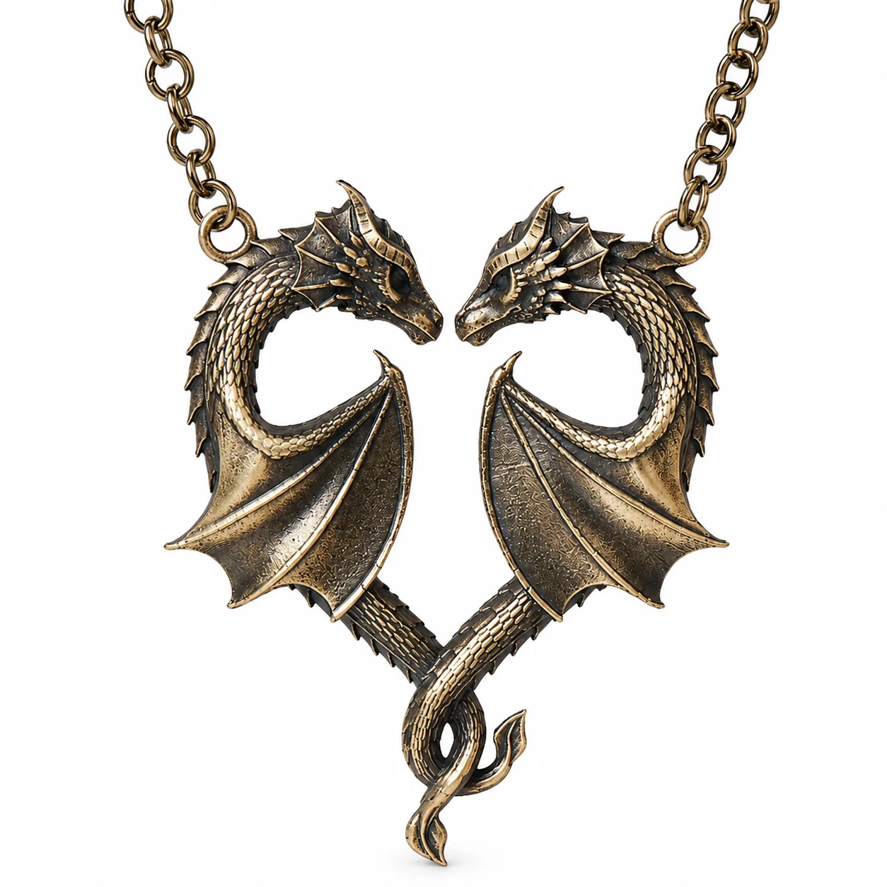 Gothic Double Dragon Heart Necklace Antique Silver Alloy Pendant Medieval Fantasy Couple Jewelry Gift Women Men