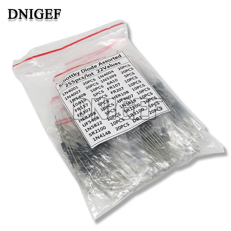 255PCS/Set Schottky Diode Kit Fast Switching 1N4001 1N4004 1N4007 1N5408 UF4007 FR307 1N5819 1N5822 6A10 10A10 22Kinds Diode 