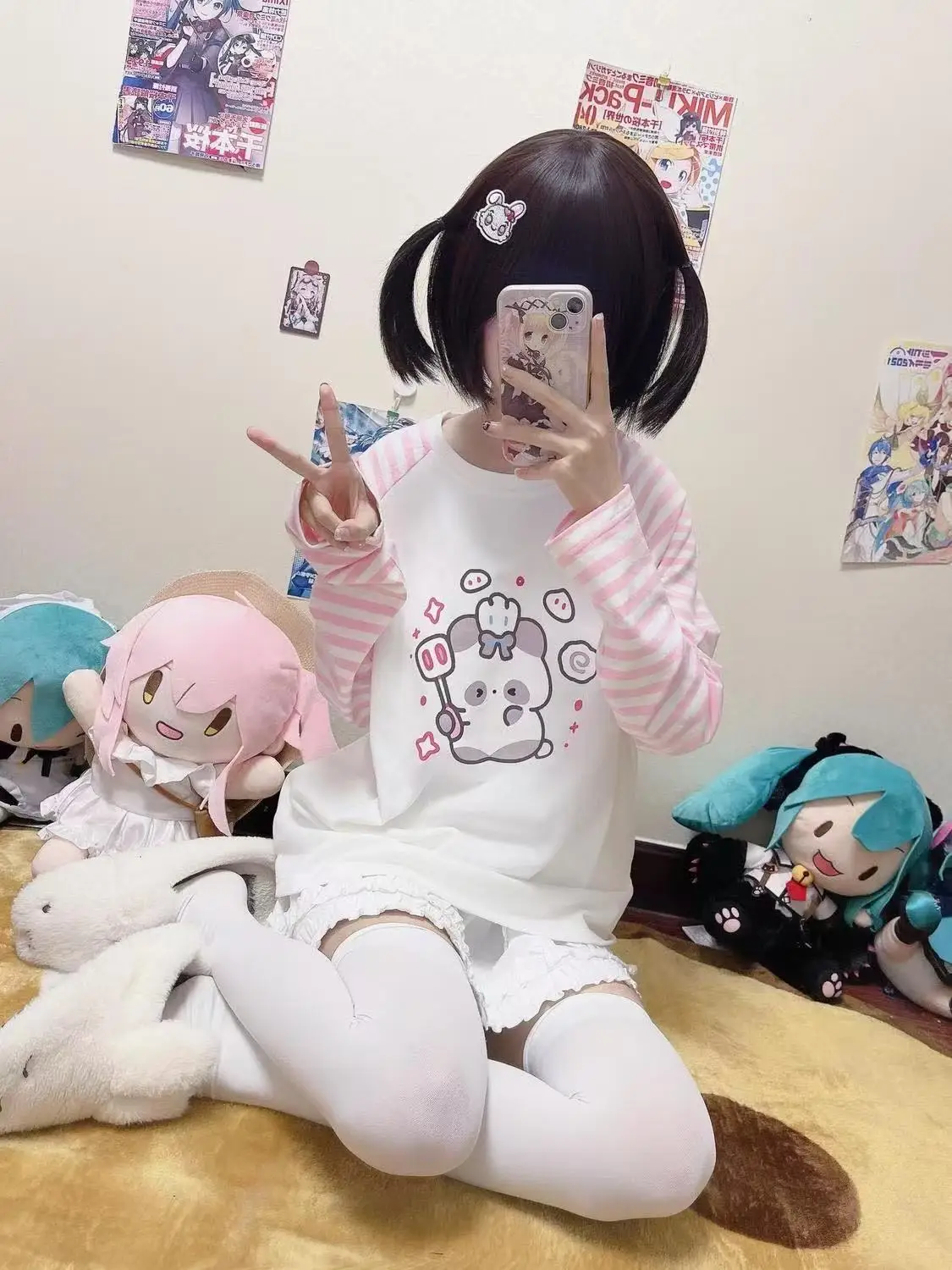 Shining Girl Design Crew Neck Sweet Cute Versatile Aqua Pink Striped Raglan Long Sleeve T Shirt Japanese Style Casual Fall Top
