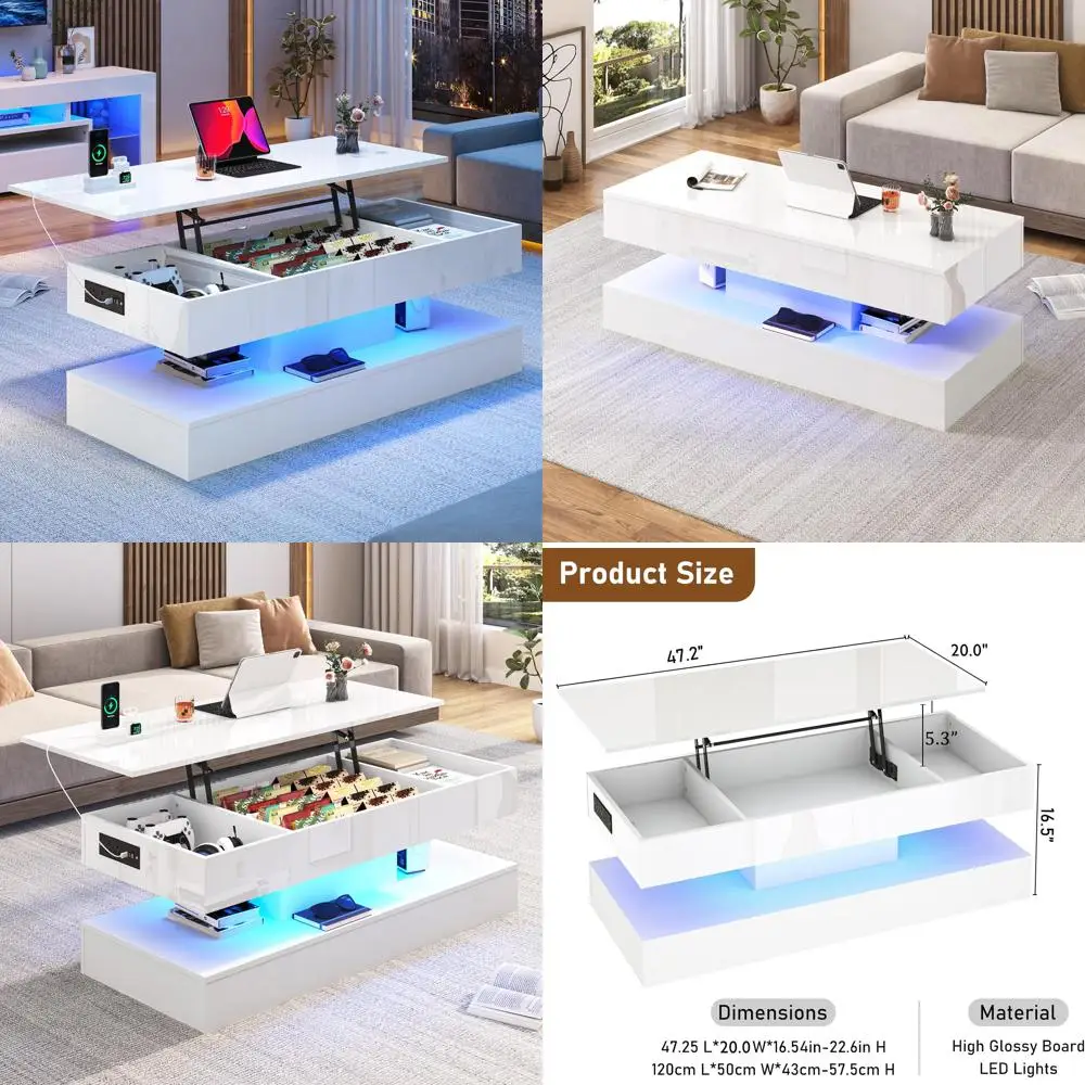 Mesa de centro moderna de color blanco brillante con LED y cajón de almacenamiento para sala de estar