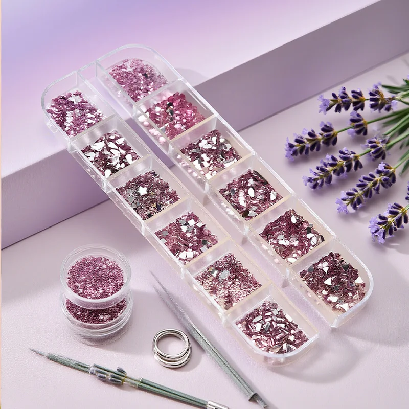 Clear Glass pink  Glass Crystal Nail Art Gems 12grids Flatback  Mixed Nail Art Rhinestone Non-Hotfix Diamond Nail Deco