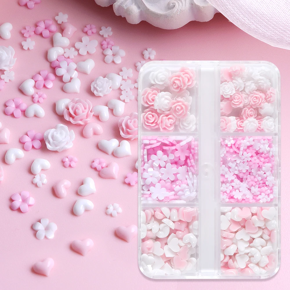 Pink White Rose Flowers Resin Patches Accessories Five-Petals Mini Florets Love Heart Resin Art Charms Spring DIY Jewelry Crafts