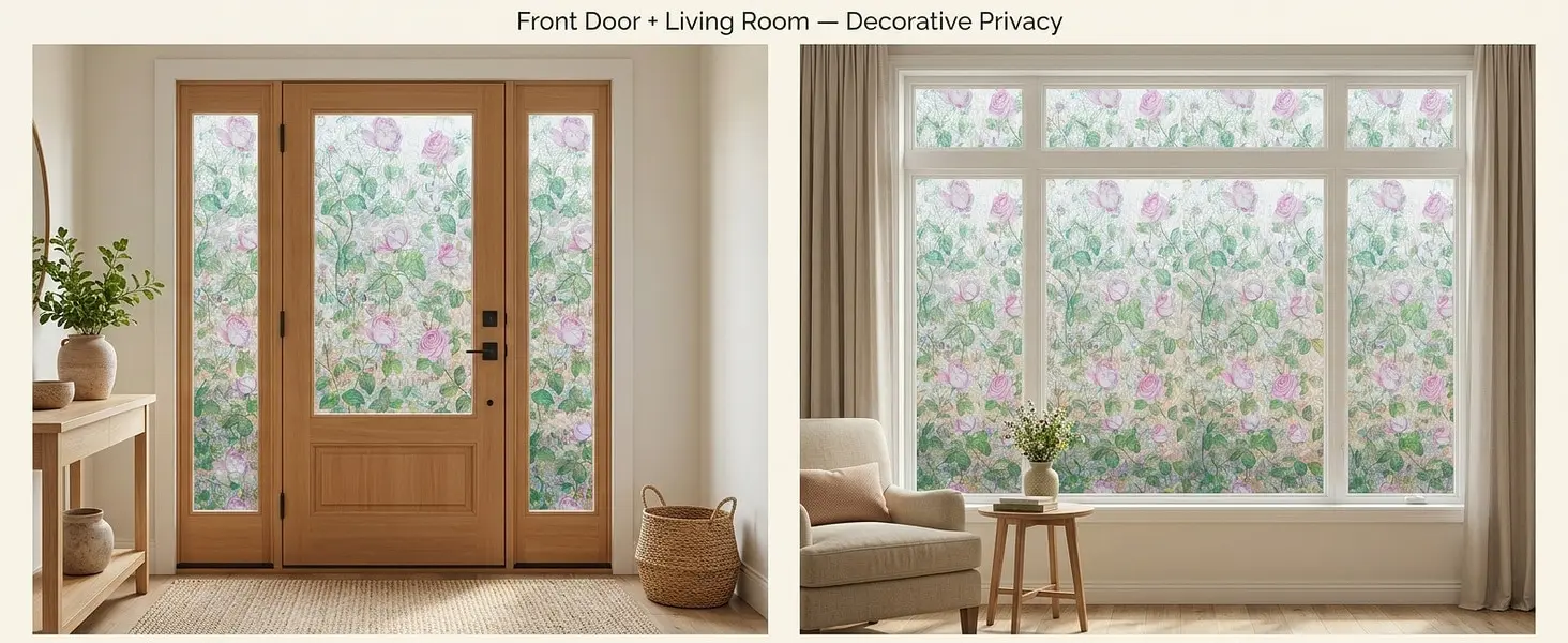 Regenbogen-Rosen-Fensterfolie im Buntglas-Stil, statisch haftend, klebefreier Sichtschutz-Glasaufkleber, UV-blockierende, hitzereduzierende, ablösbare Fenstertönung für Schlafzimmer – Detail 4
