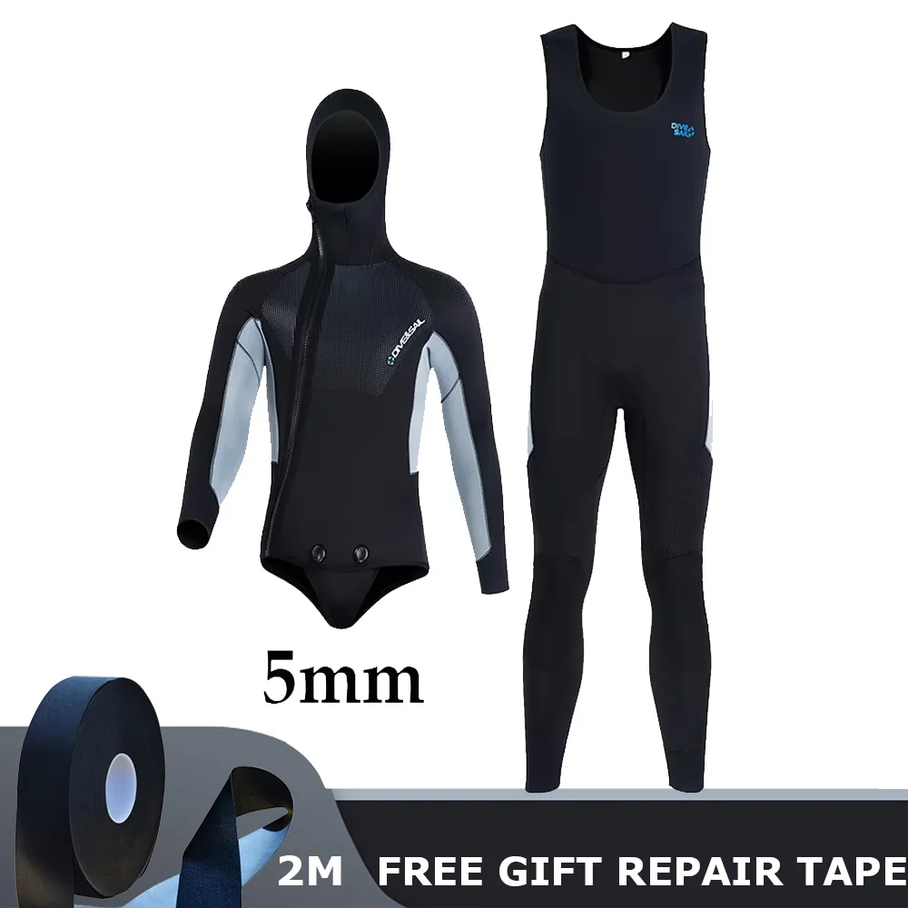 Traje de neopreno para pesca submarina, traje de buceo de 5mm para hombres y mujeres, neopreno, caza, surf, cremallera frontal, pesca submarina, 2 piezas, mantiene el calor