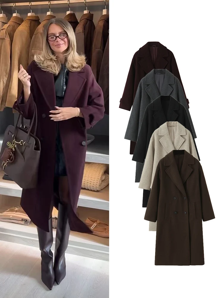 

Женские двубортные длинные шерстяные пальто 202, осенне-зимний костюм с воротником, свободные стильные женские модные шерстяные куртки