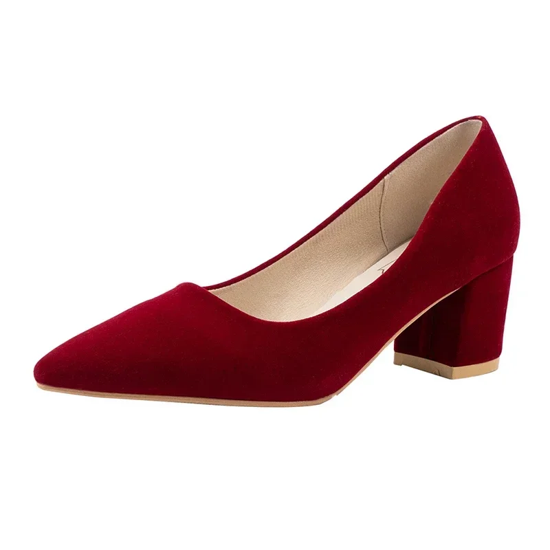 French Red Wedding Shoes for Women 2024 Spring/Summer/Autumn New Pointed Thick Heels Not Tiring Feet Bride Shoes