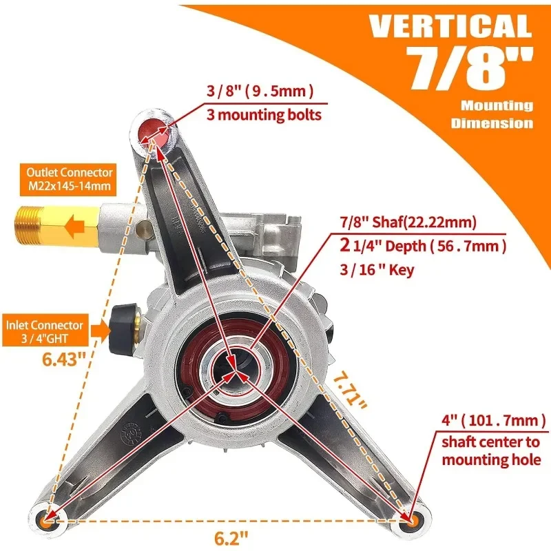 JINGKE Pressure Washer Pump 7/8'' Shaft Vertical Pressure Pump Power Washer Pumps 2400-2800PSI Replacement Pump Pressure Washer
