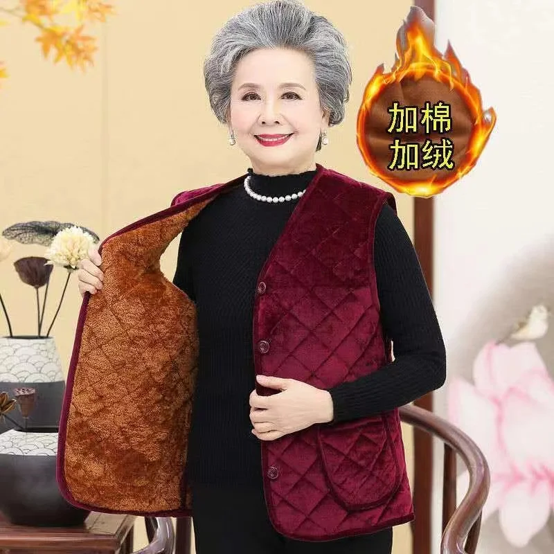 5XL Grandma Golden Velvet Vest Plush Thickened Warm Sleeveless Jacket Autumn Winter Middle-aged Mother Waistcoat Fleece Vests