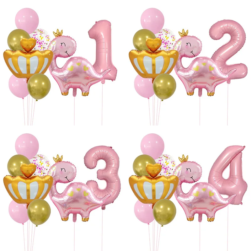 Pink Crown Dinosaur Aluminum Film Balloon Set 32 Inch Pink Digital Children's Birthday Party Decoration