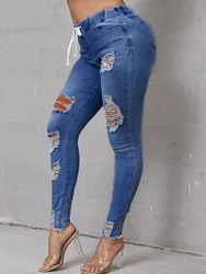 LW Plus Size 2023  Women Autumn Casual High-Waist High Stretchy Ripped Distressed Jeans Elastic Waist Denim Pants