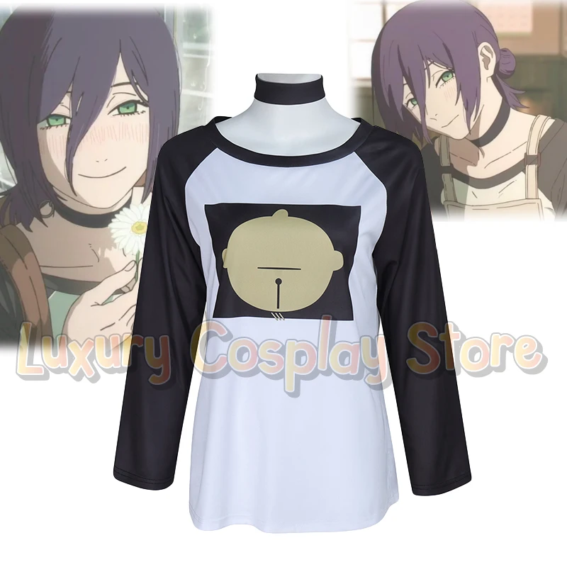 Image of Anime Chainsaw Cosplay Reze Kostüm Damen Schwarz-Weiß Raglan Langarm-T-Shirt Glockenmuster Tägliche Freizeitkleidung Halloween-Anzug