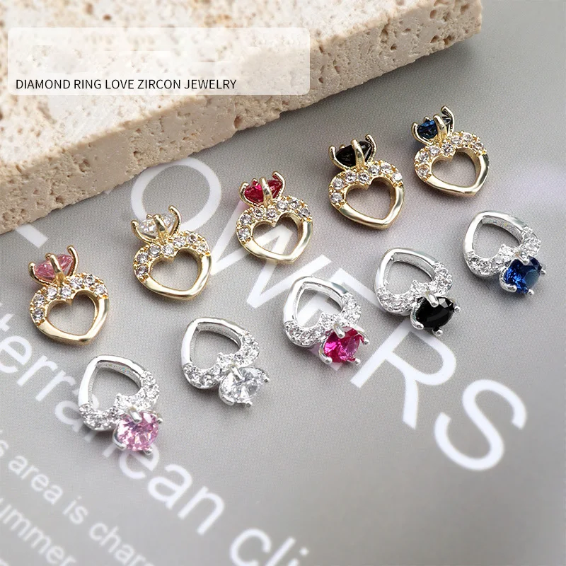 5Pcs Zircon Heart Ring Nails Art Decorations 3D Alloy Bling Nails Charm Gold Silver Claw Colorful Diamond Part Rhinestone 8*11mm