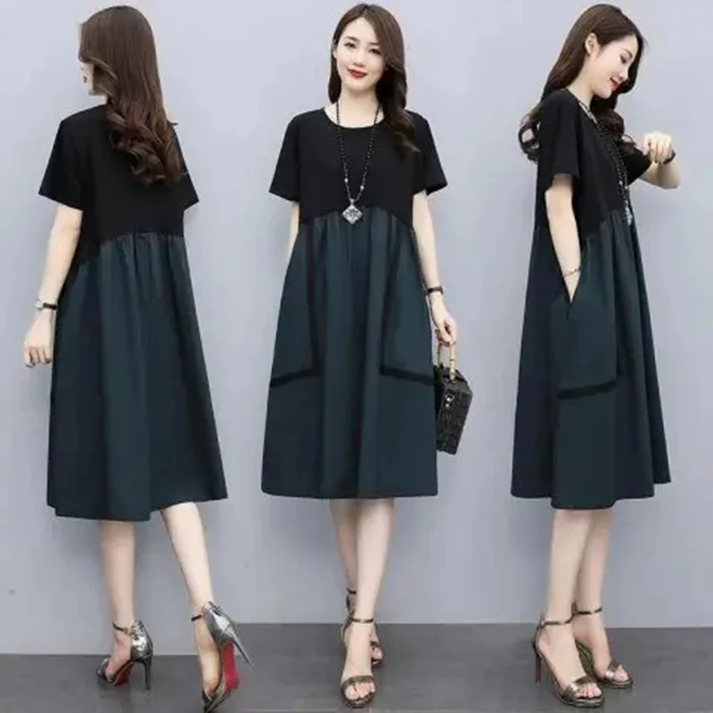 

Женская юбка свободного кроя больших размеров Dr Color Blo, скрывающая живот, повседневная, летняя, для поездок на работу, с круглым вырезом, короткий рукав