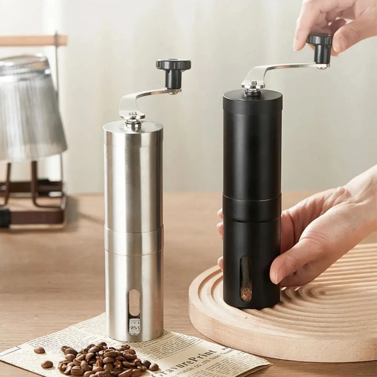 Stainless Steel Manual Coffee Grinder Portable Ceramic Burr Hand Coffee Mill Extra Long Hand Crank Ergonomic Grip