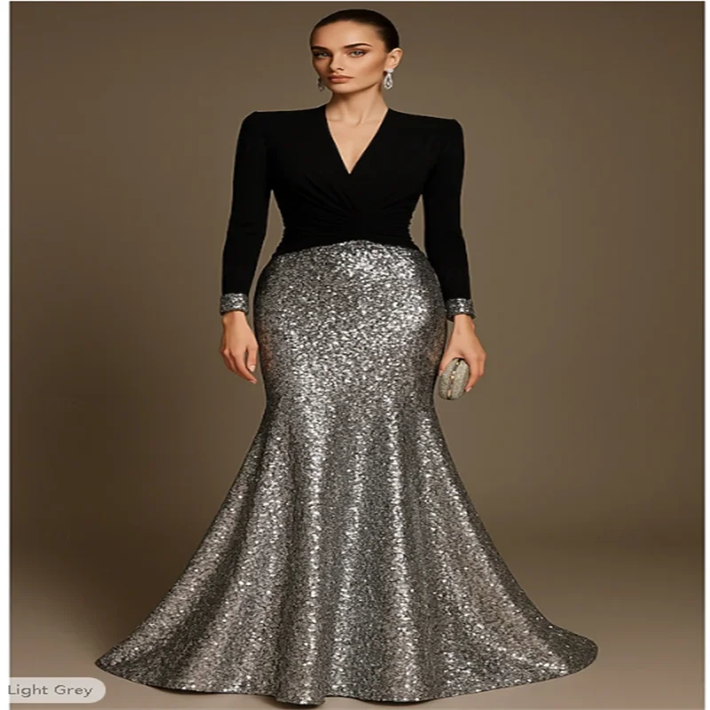 Black Mermaid / Trumpet Evening Gown Elegant Dress Formal Wedding Floor Length Half Sleeve V Neck Sequined with Glitter 2025