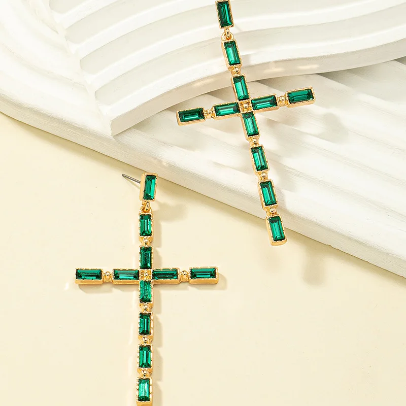 2024 Classic Jewelry Accessories Wholesale Long Green Black Baguette Gem Crystal Rhinestone Cross Earrings for Women