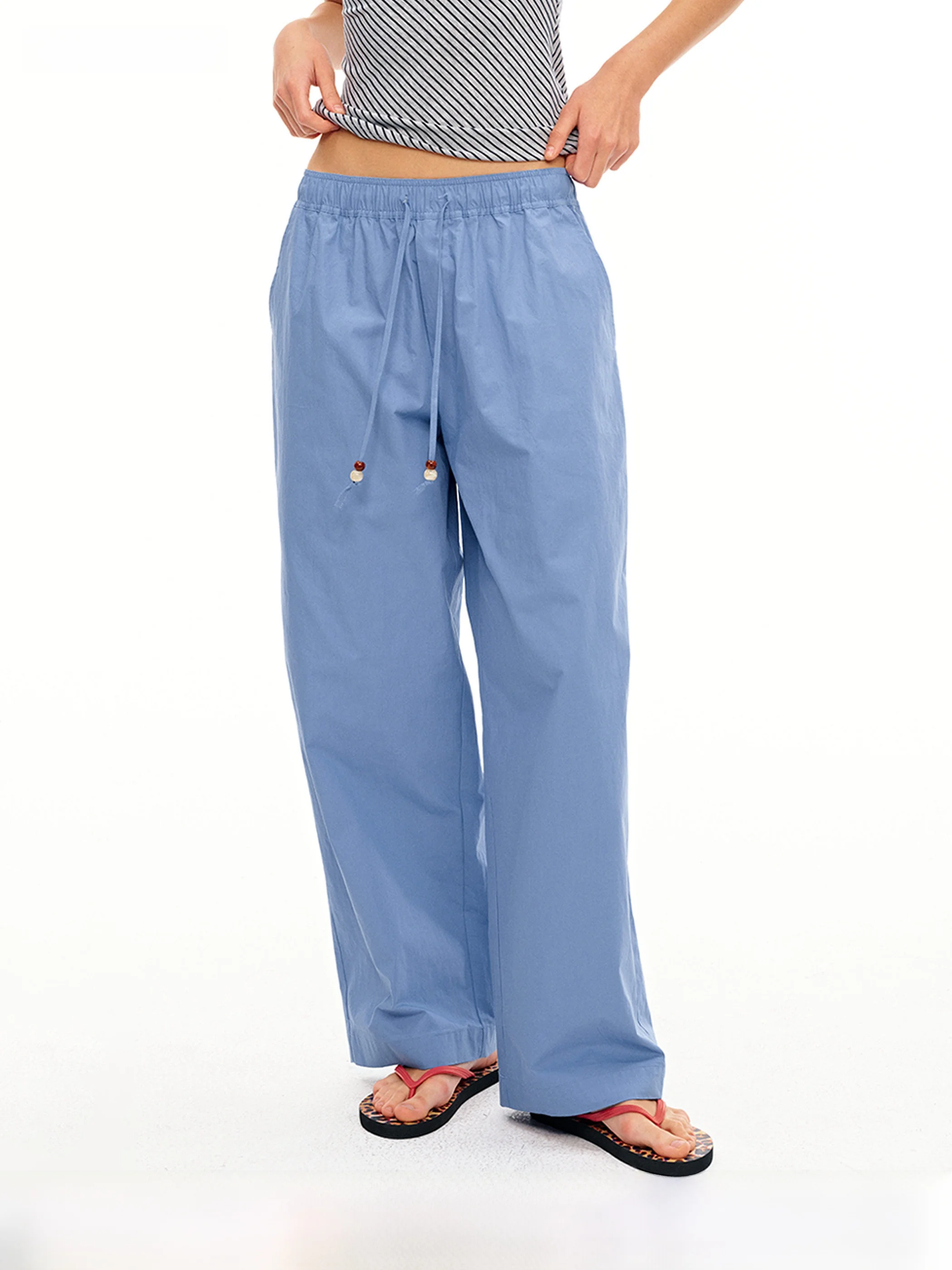 

AHNKANK Spring New Loose Lazy Wide Leg Blue Casual Pants Elastic Waist Dstring Design Cotton Straight Tube Trousers