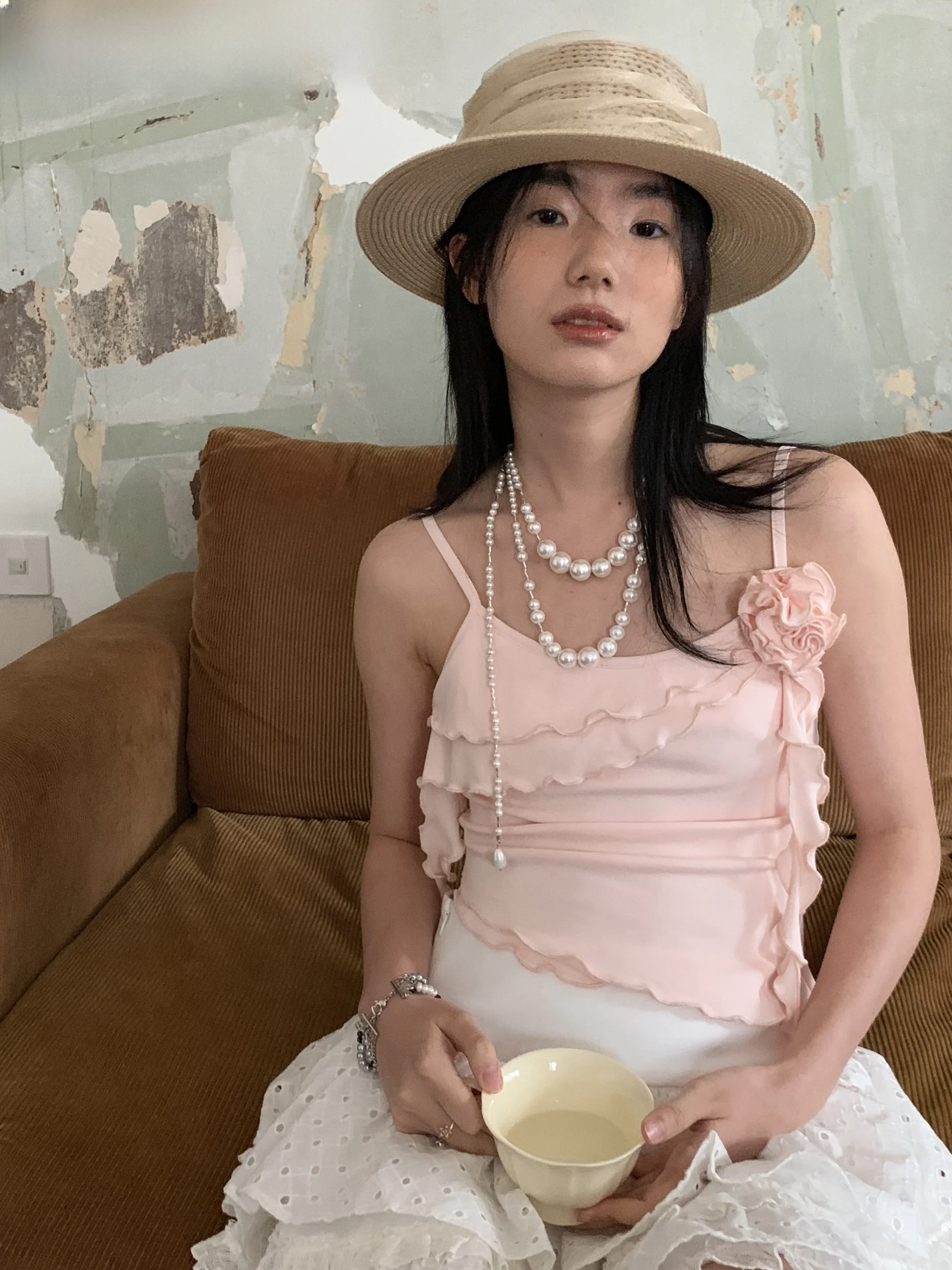 

Handmade Elastic Slim Fit Floral Rt NOTJUSTHIM 'Monet Garden' Women's Vest Strap in Soft Pink And Blue