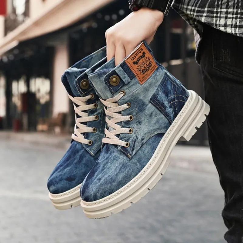 

Men's High Top Boots Retro Canvas Cowboy Boots Lace Up Ankle Boot Non Slip Platform Boots for Men Casual Sneaker Botas Masculino