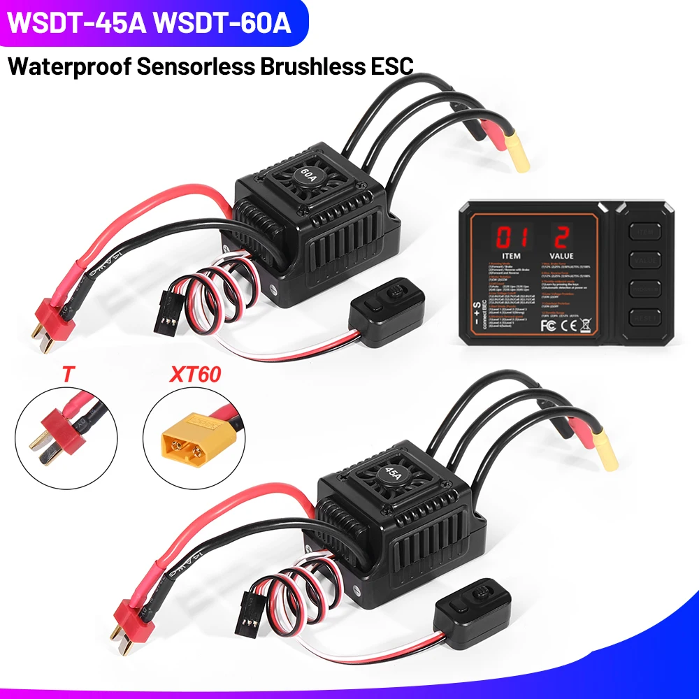 WSDT-45A/60A RC ESC Waterproof Sensorless Brushless ESC with XT60 / T Plug 45A 60A Brushless Speed Controller for 1/10 RC Cars