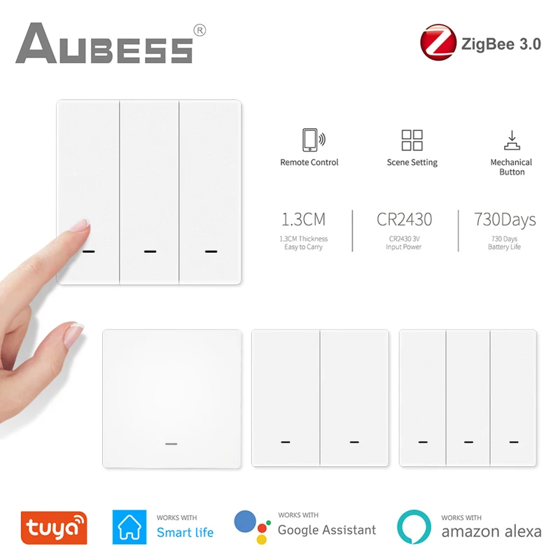 AUBESS Tuya ZigBee 3.0 Smart Scene Switch Smart Home Push 1/2/3Gang Button Controller Works With ZigBee Gateway Smart Life App