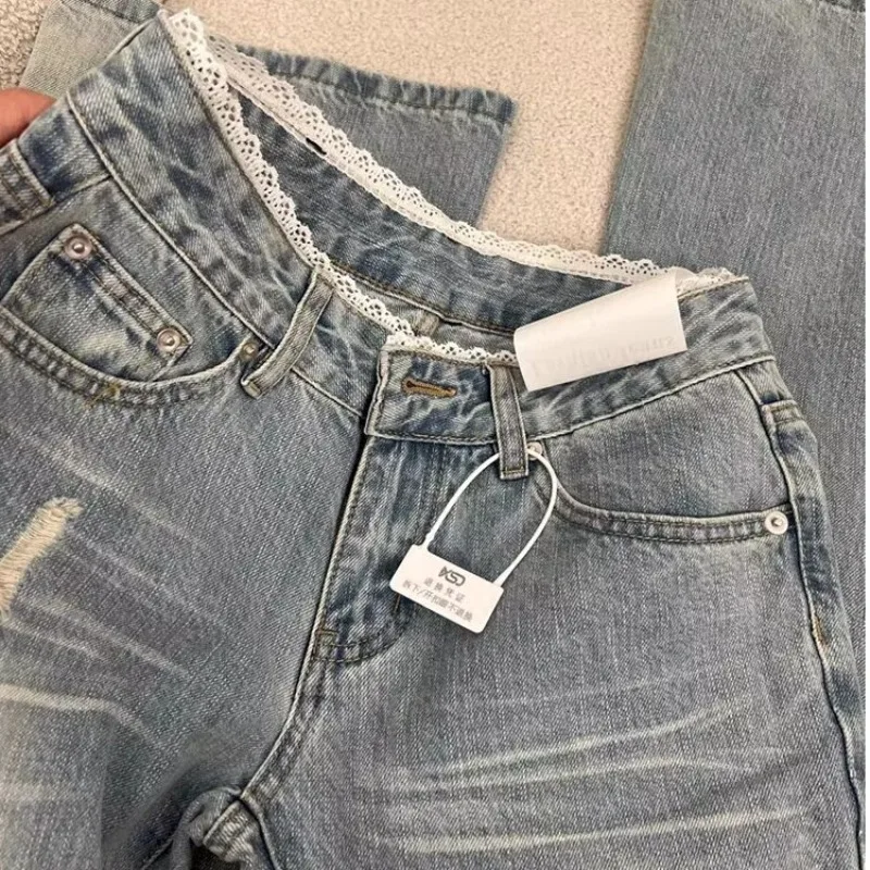 Plus Size American Low Waist Extended Bell Bottom Jeans Women Summer New High Street Slim Fit Commute Floor-Length Retro Lace