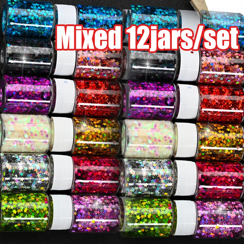 

12Jars Colorful Sparkly Holographic Star Nail Sequins Untra-thin Iridescent Pentagram Nail Flakes DIY Shinying Nail Star Sequins