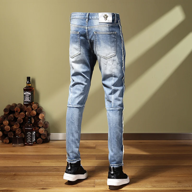 Street Trend Fashion Men Jeans Retro Light Blue Elastic Stretch Skinny Patchwork Ripped Jeans Men Spliced Designer Hip Hop Pants