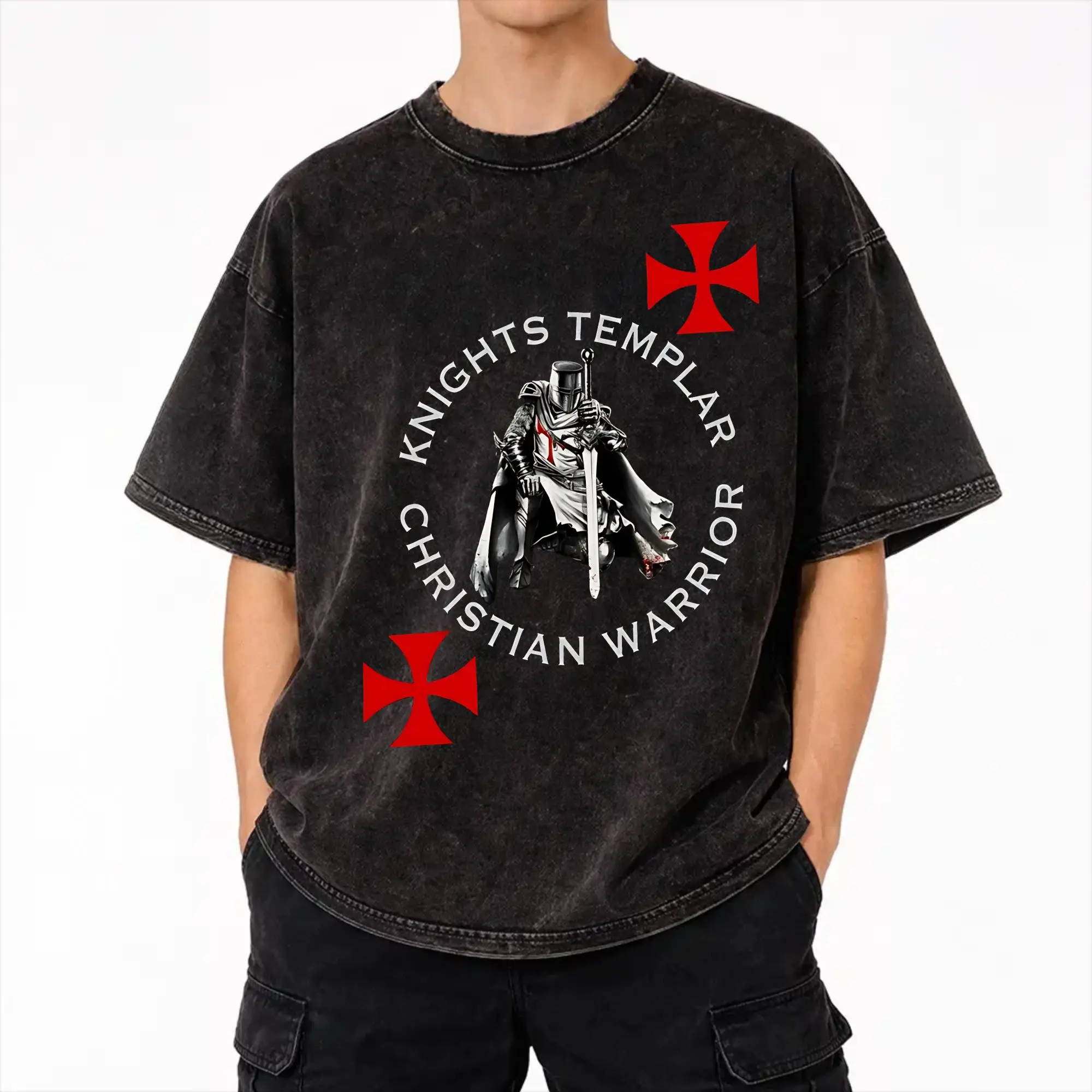 Deus Vult - The Templar Knight T Shirts Hip Hop Washed Short Sleeve Harajuku T-Shirts Men Women Streetwear Graphic Tops Tees