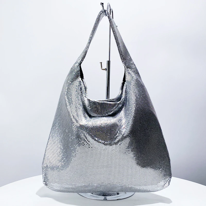 

Aluminum Sheet Metal Mesh Sequins Tote Bags For Women Luxury Designer Handbag Purse 2024 New In Fashion Shoulder Evening Party