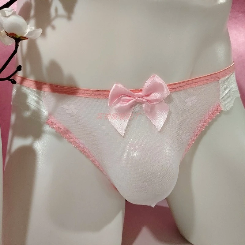 Bow-Knot Sissy Briefs Pink Ice Silk Men's Mesh Sexy Gay Underwear Perspective Male T-Back Panties Lace Thin Thongs Underpants