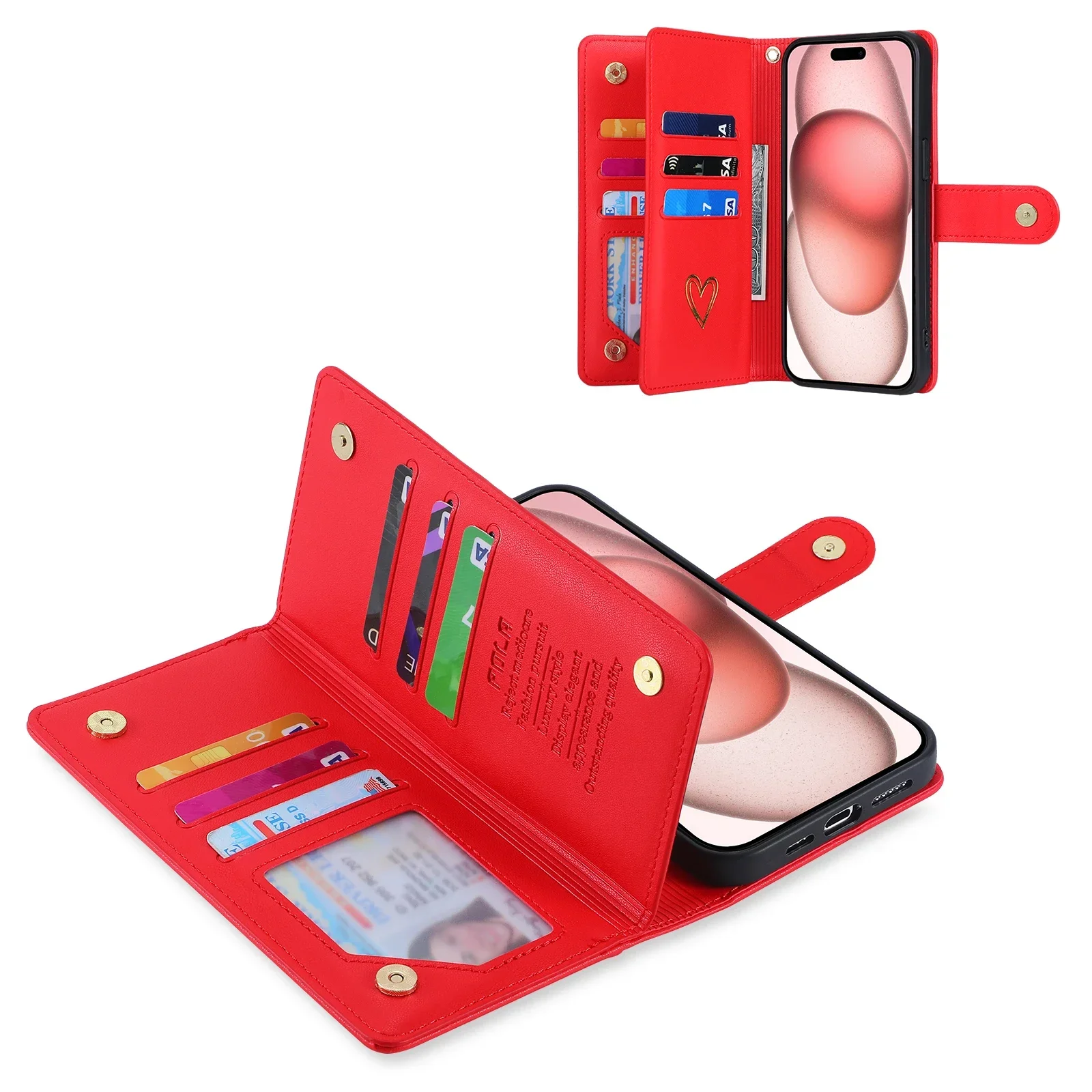 Zipper Cards Solt Wallet Leather Case For iPhone 15 16 17 Pro Max 14 Plus 13 12 11 XR 7 8 SE 2022 Love Heart Book Purse Cover