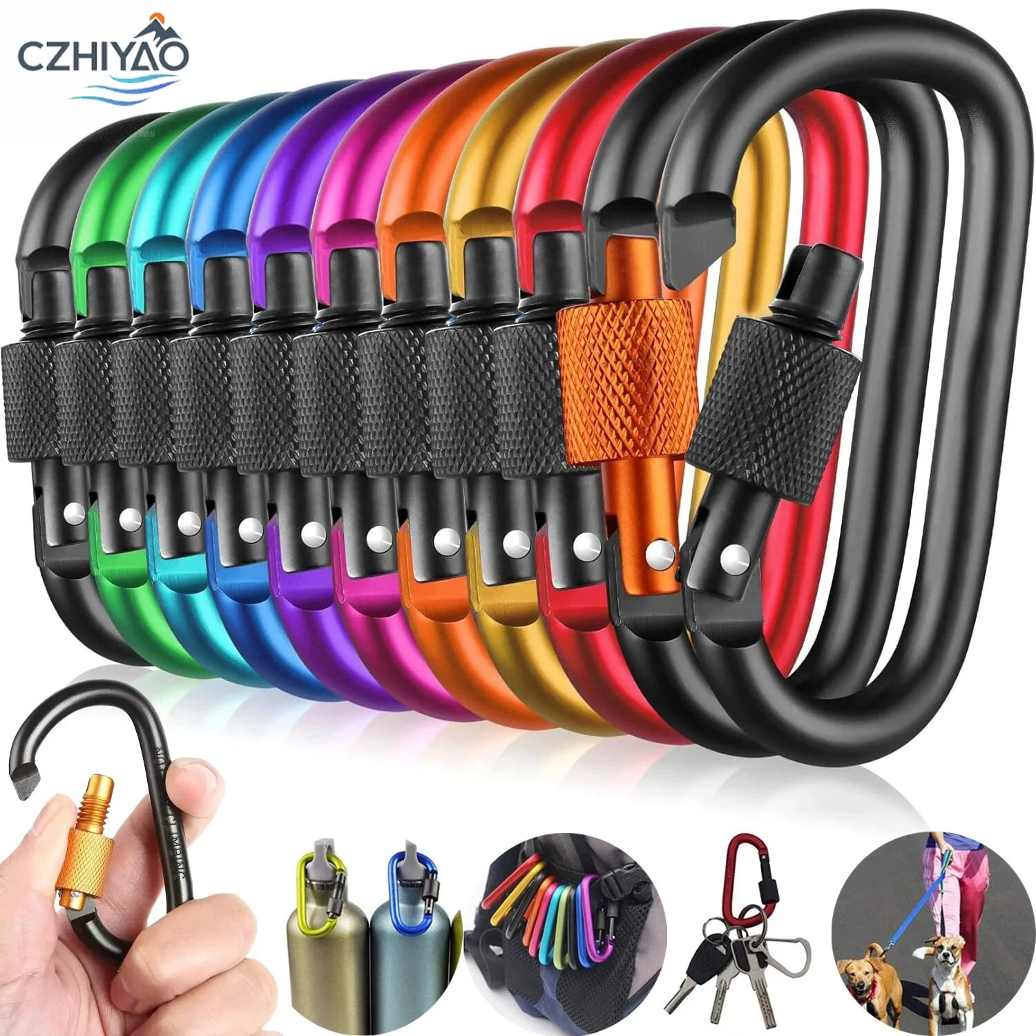 

CZHIYAO 10 PCS D Ring Key Rings Hiking Clips Locking Carabiner for Camping Fishing Outdoor Use with Screw Gate Multicolored