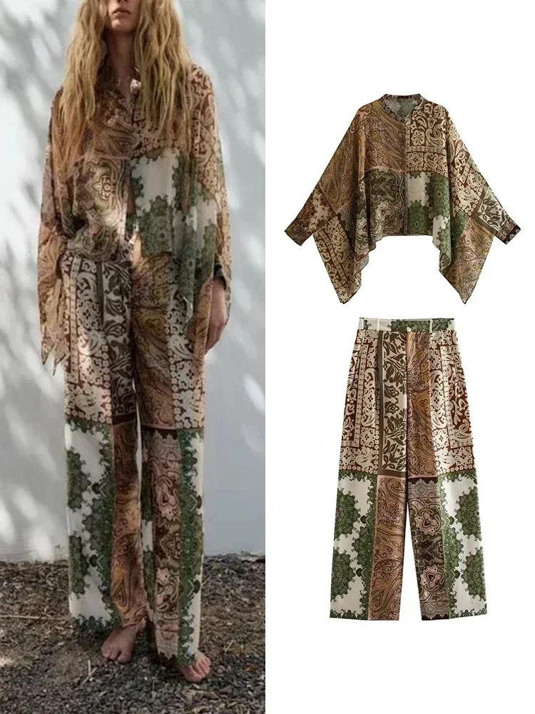 

Ximina Retro Pajamas Sets For Women 2024 Patchwork Cloak Asymmetric Hem Boho Print Shirt Straight Pants Ladies Sleepwear Suit