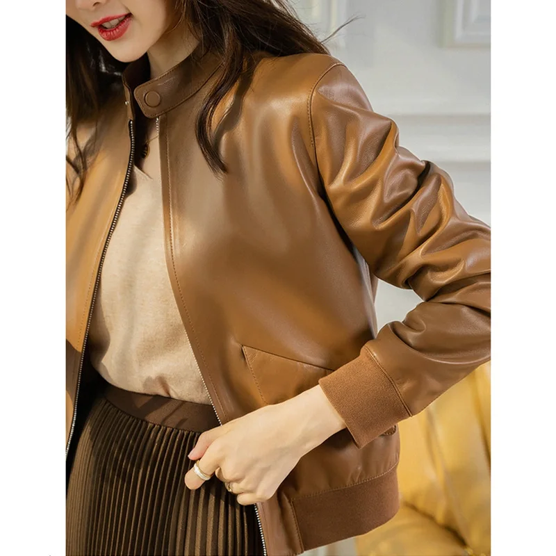 Women's Jacket Leather Coat Female Spring Autumn Stand Collar Short Leather Clothes Baseball Clothes Sheep Skin Coat