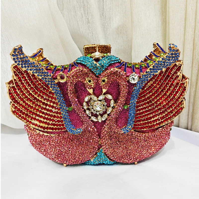 

Large Size Purple/Gold Rhinestone Evening Bag Gold Metal Bag WHTUOHENG Female Diamond Swan Shape Prom Party Purses Phone Clutch