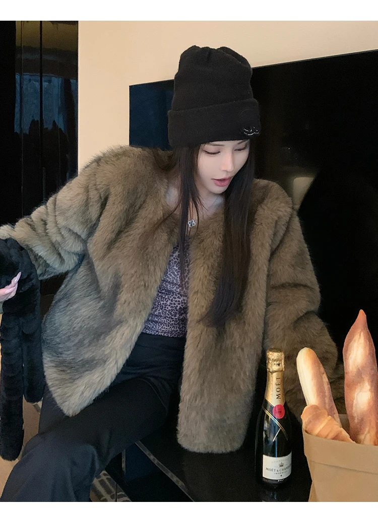 ZAROY 2027 Winter Faux Fox Fur Coat Chic Women Brown Luxury Fluffy Soft Warm Fur Jacket Fashion Colarless Cardigan Fur Outerwer