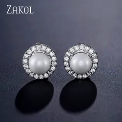 ZAKOL White Round Pearl Stud Earrings for Women Fashion Cubic Zirconia Bridal Wedding Jewelry EP2258