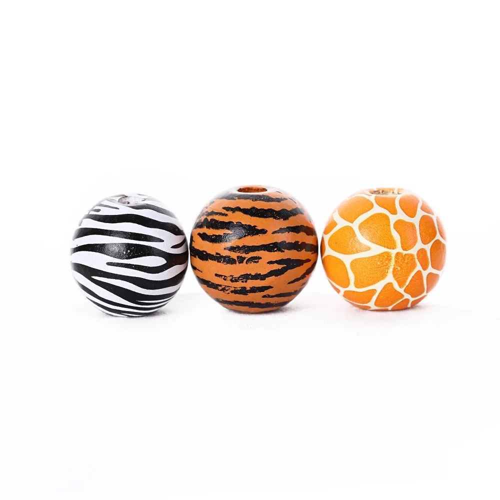 16mm 20Pcs Giraffe Tiger Leopard Stripes Print Wood Round Beads DIY Crafts Jewelry Custom Accessories Children's Loose Beads