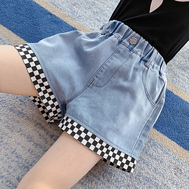 

Girl Summer Shorts Trousers Comfortable Breathable New Chessboard Washed Denim Thin Students Middle Children Fashion Outwear