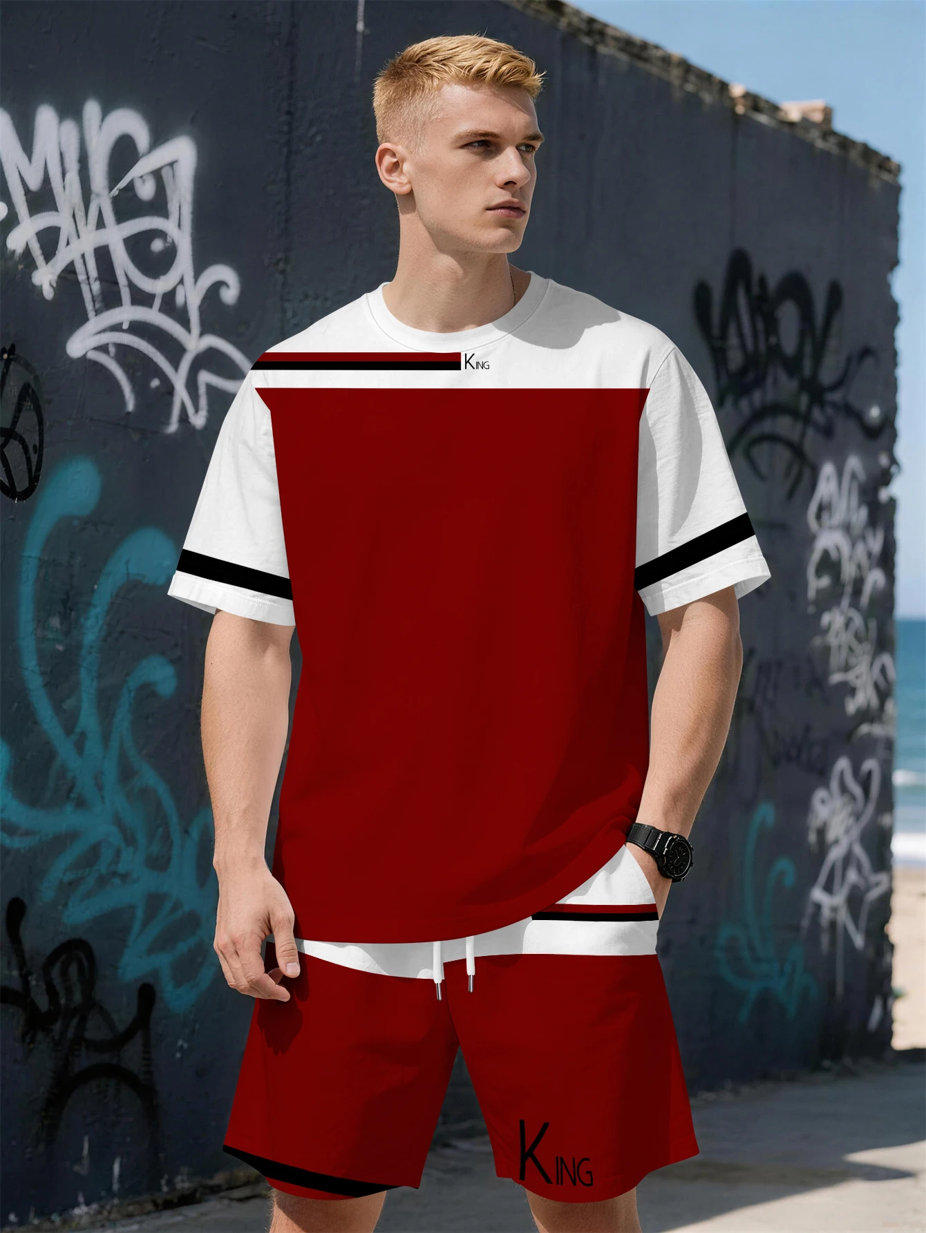 

2026 Summer New Men's Short-Sleeved Set with 3D Trendy Letter Print for Casual and Fashionable Street Style Comfortable and Soft