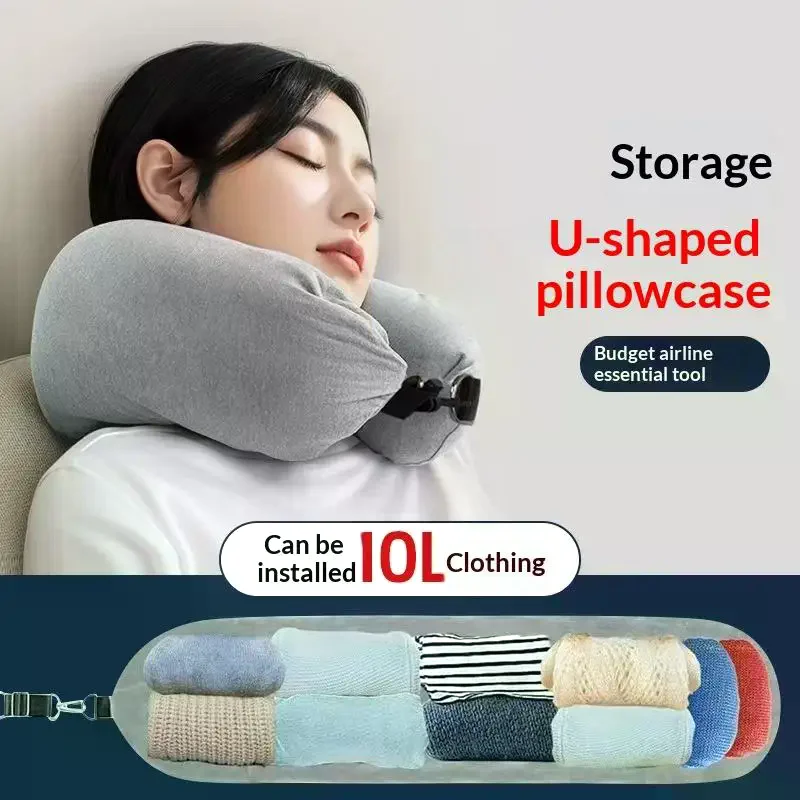 Travel Neck Pillow With Fillable Clothing Storage Bag U-Shaped Pillowcase Crystal Fleece Neck Pillow Cover For Airplane Travel