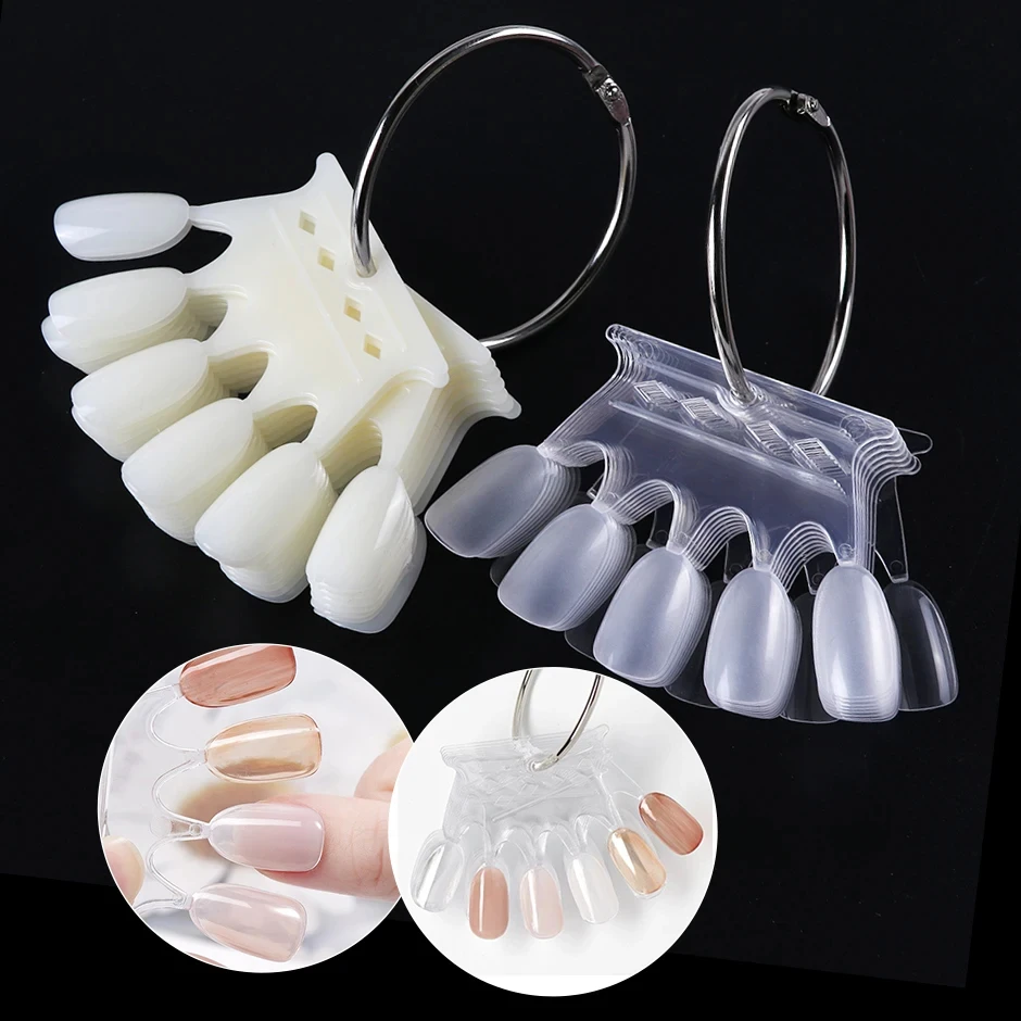 Display de ponta de unha falsa em forma de coroa, 50 peças, cartão de cor natural transparente, placa de suporte de gel com anel, paleta de unhas, ferramentas de manicure