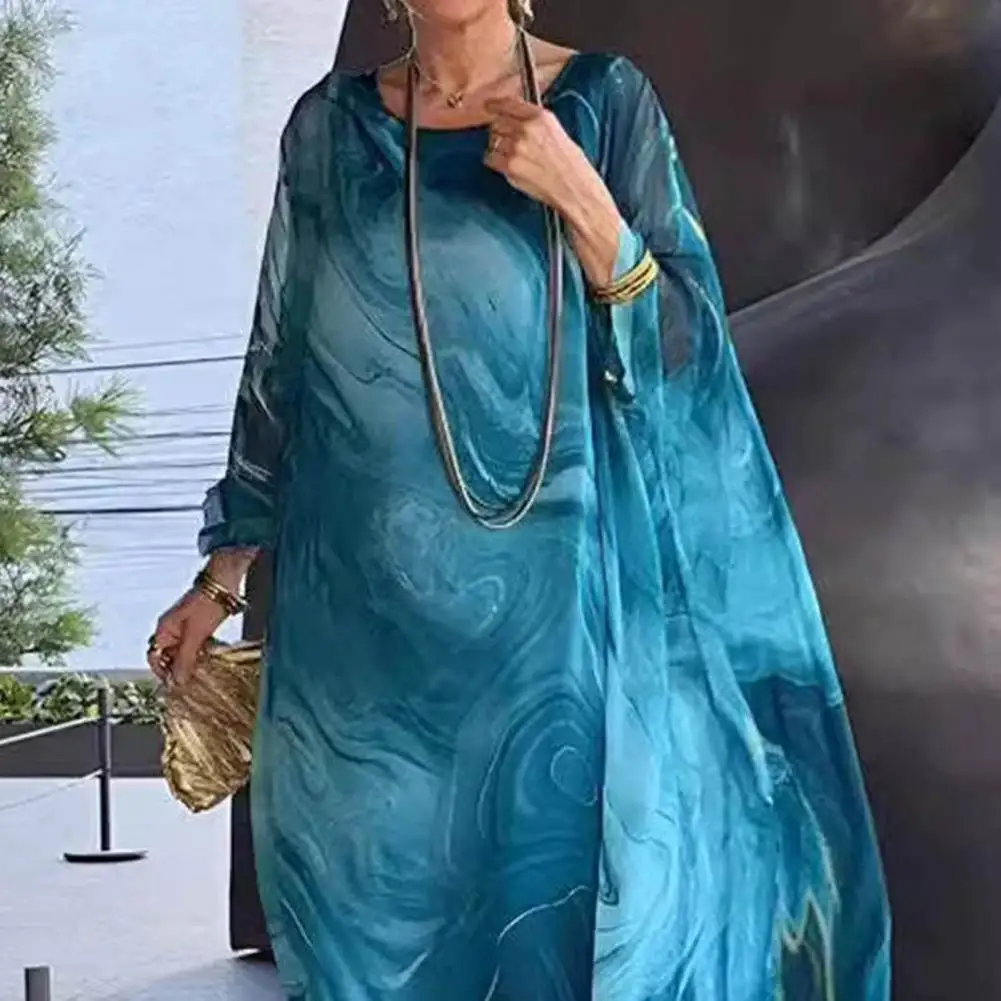 Vestido feminino com duas camadas na altura do tornozelo, vestido fluido, gola redonda, mangas irregulares de morcela, estampado em mármore, 2024