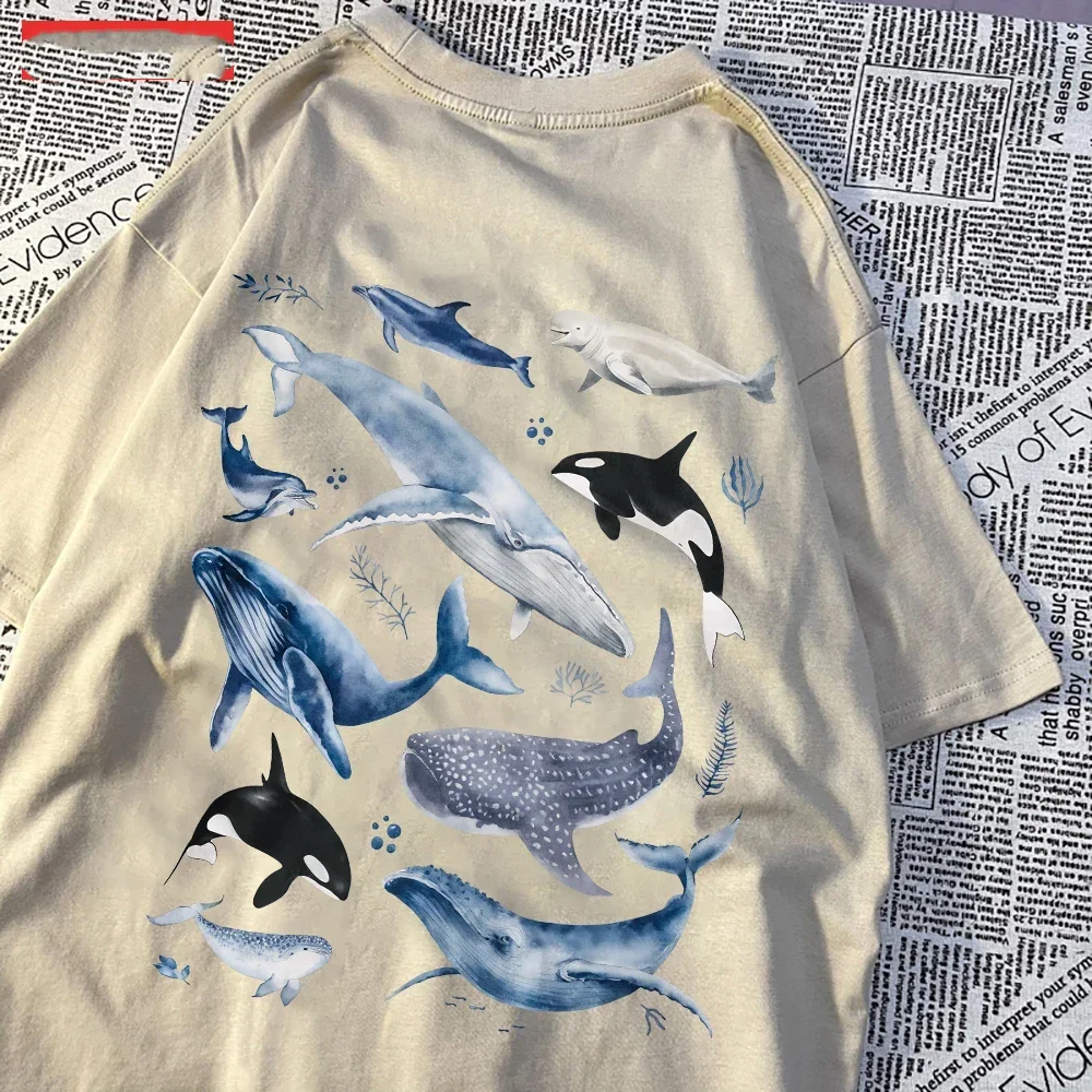Fashion Women\'S T-Shirts Ocean And Whales Printing Tops O-Neck Soft Short Sleeve Summer Casual Female Clothes