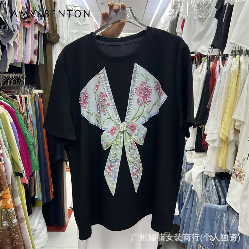 

Heavy Industry Beaded Bow Print O-Neck Short Sleeves T-shirt New Summer Fashion All-match Casual Oversized Basic Tops Daily Wear