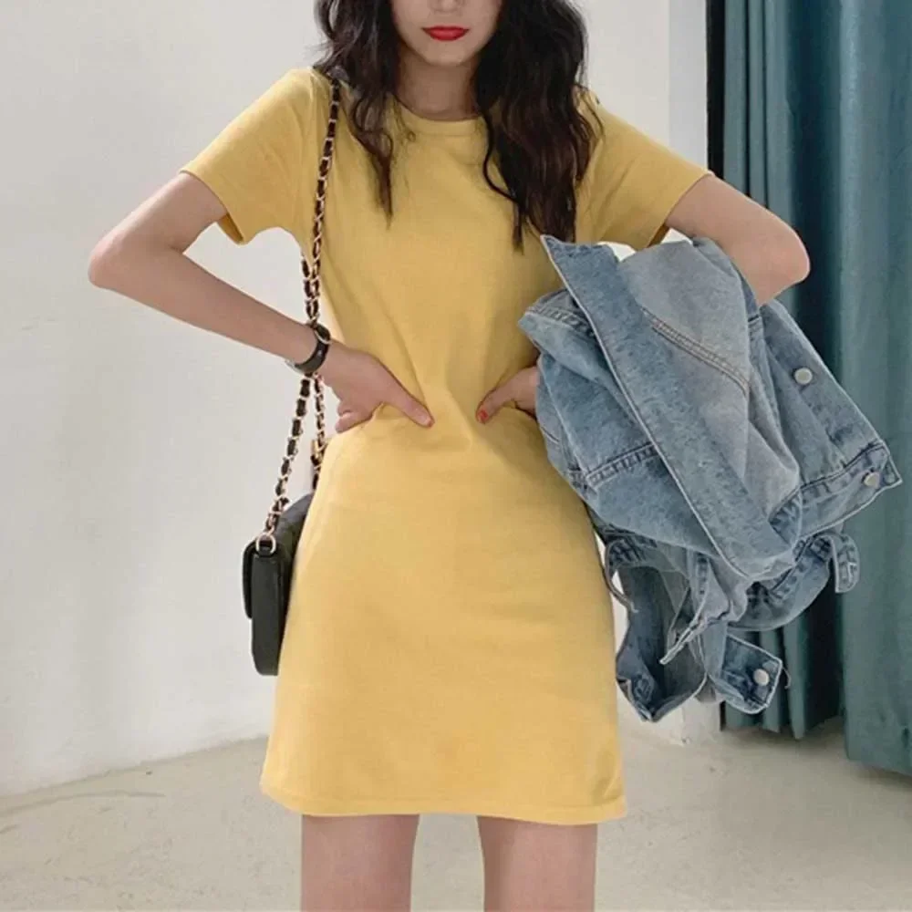 여성 여름 긴 짧은 소매 티셔츠 드레스 한국어 스타일 숙녀 캔디 컬러 드레스 패션 편안한